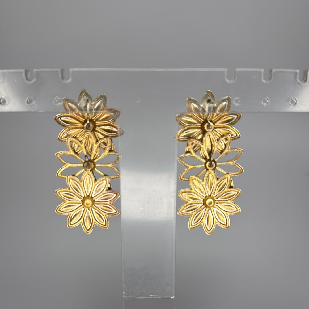 Floral Pink and Green Earrings with Double Flower Design - Backs Missing - Picture 3 of 3